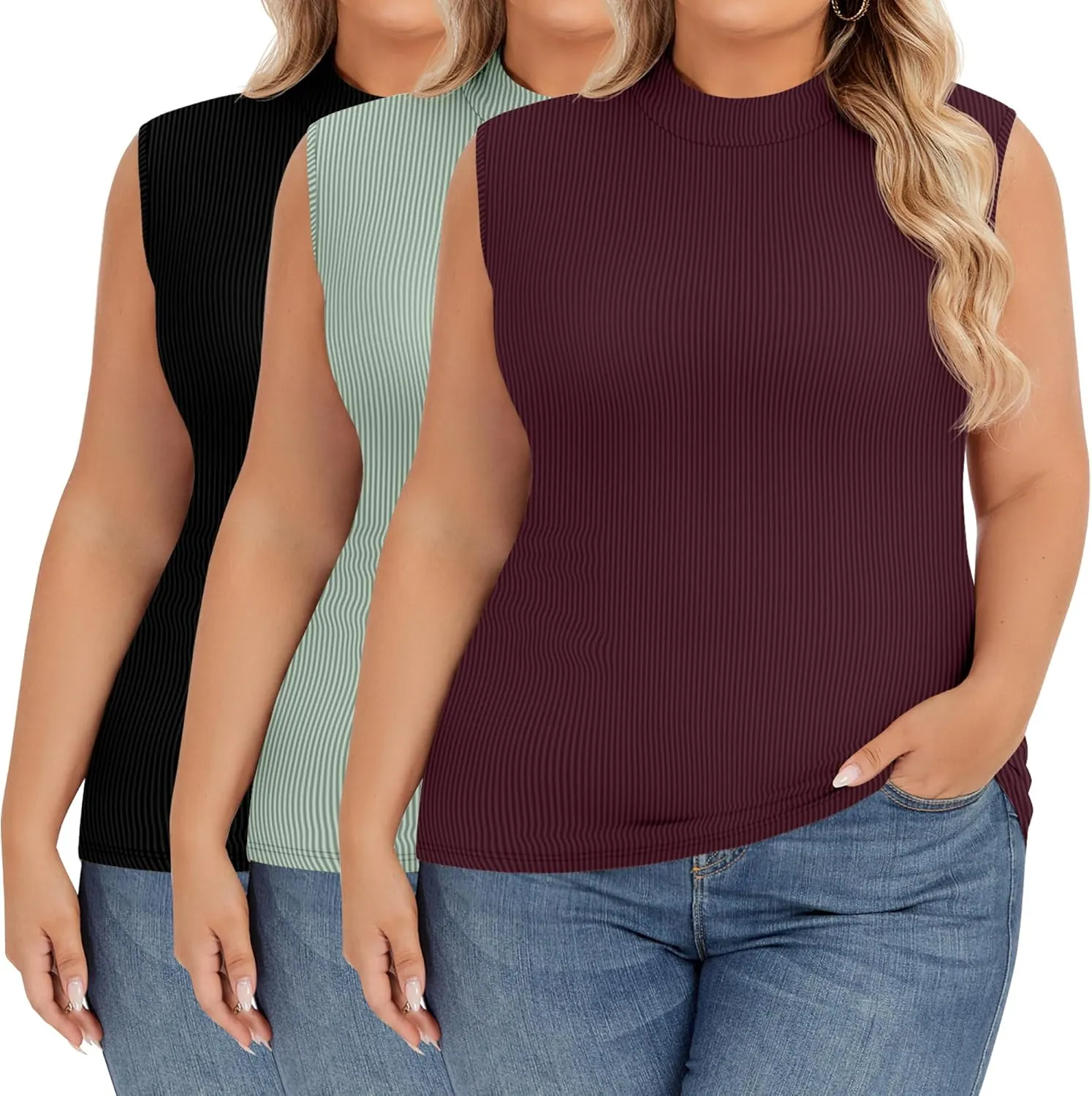 Ficerd 3 Pack Women's Plus Size Tank Tops, Sleeveless Mock Neck Shirts Basic Stretch Summer Tee Slim Fitted Lightweight Tops