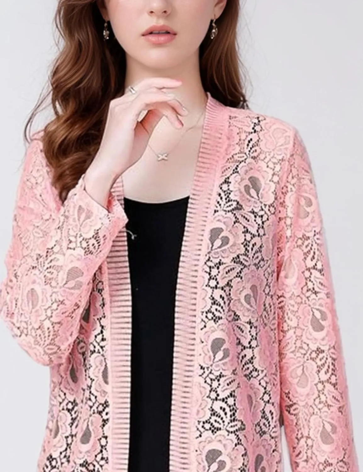 FindThy Womens 3/4 Sleeve Lace Cardigan Long Sleeve Open Front Floral Crochet Shrug Cover Up