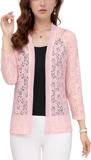FindThy Womens 3/4 Sleeve Lace Cardigan Long Sleeve Open Front Floral Crochet Shrug Cover Up