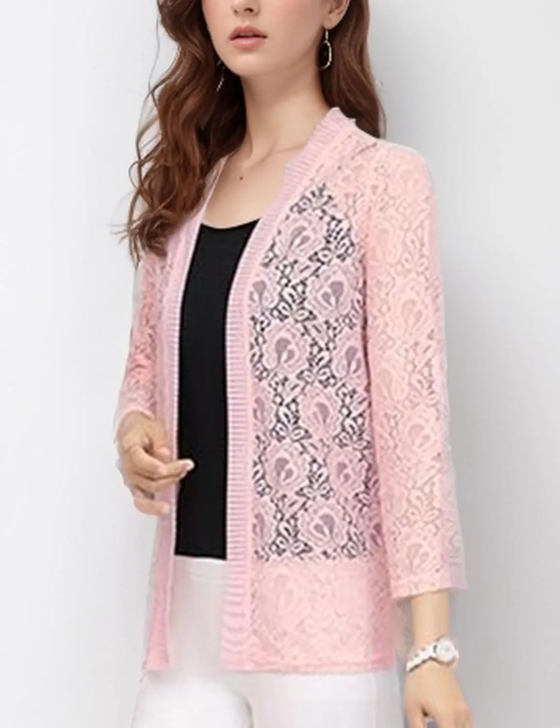 FindThy Womens 3/4 Sleeve Lace Cardigan Long Sleeve Open Front Floral Crochet Shrug Cover Up