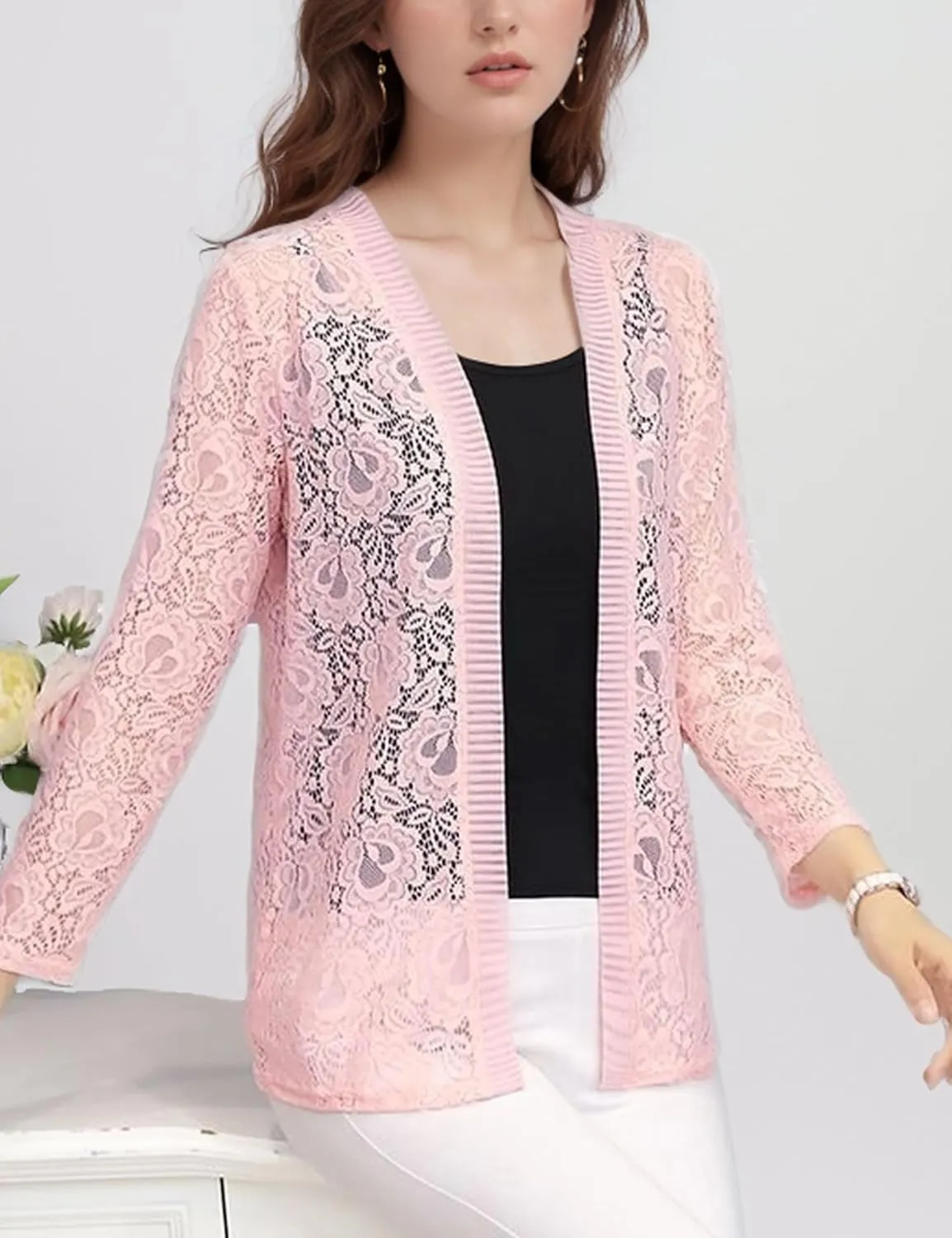 FindThy Womens 3/4 Sleeve Lace Cardigan Long Sleeve Open Front Floral Crochet Shrug Cover Up