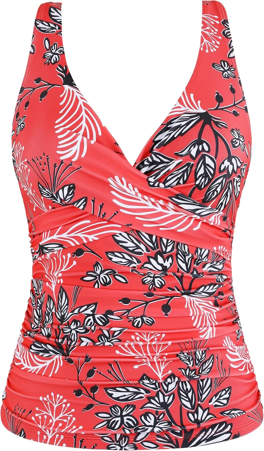 Firpearl Women Underwire Tankini Top Only Twist V Neck Swimsuits for Big Busted Ruched Tummy Control Bathing Suits Top