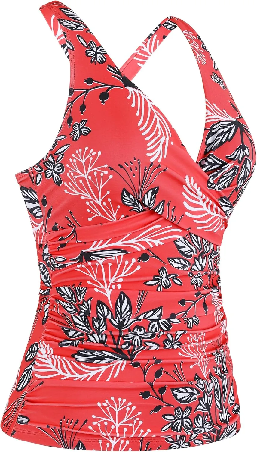 Firpearl Women Underwire Tankini Top Only Twist V Neck Swimsuits for Big Busted Ruched Tummy Control Bathing Suits Top