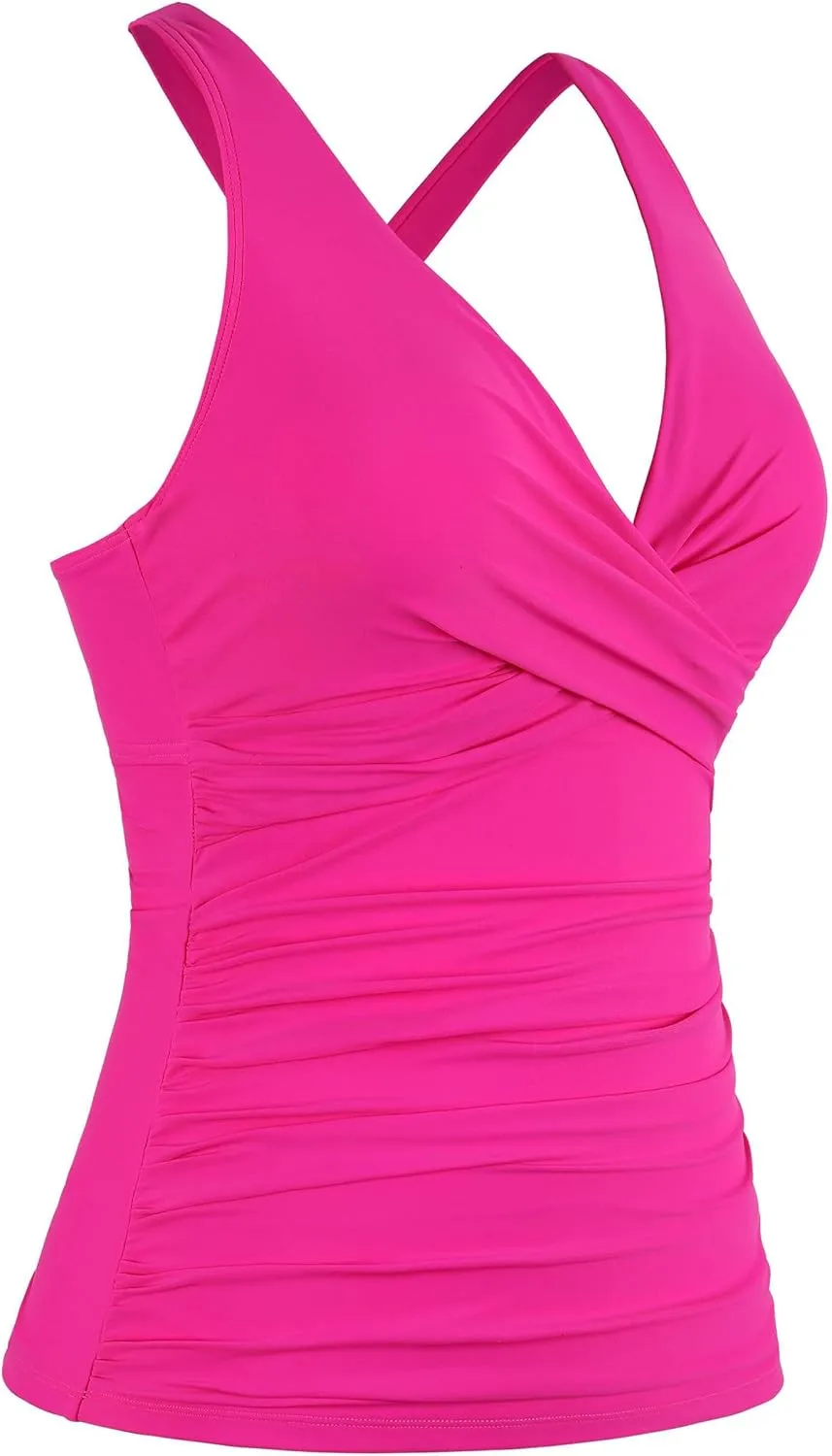 Firpearl Women Underwire Tankini Top Only Twist V Neck Swimsuits for Big Busted Ruched Tummy Control Bathing Suits Top