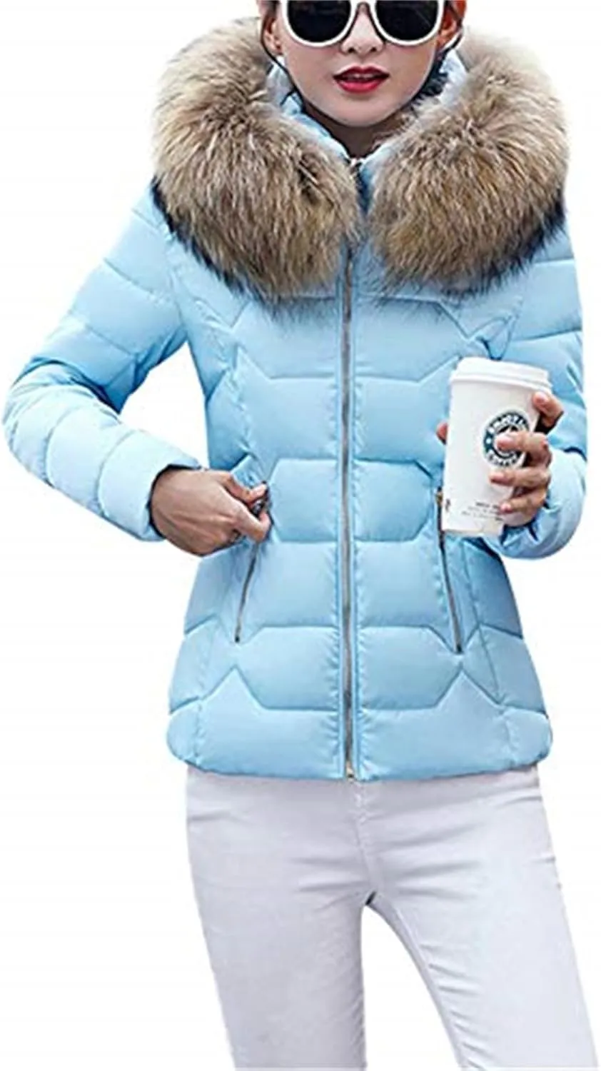FLITAY Womens Long Sleeve Thicken Down Jacket Quilted Warm Parka Jackets With Faux Fur Hood