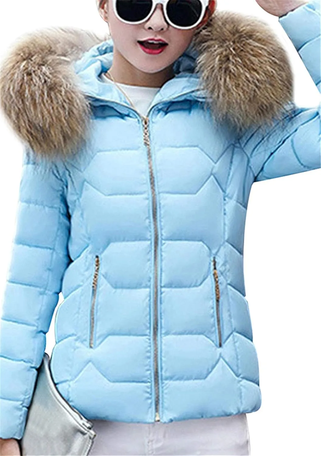 FLITAY Womens Long Sleeve Thicken Down Jacket Quilted Warm Parka Jackets With Faux Fur Hood