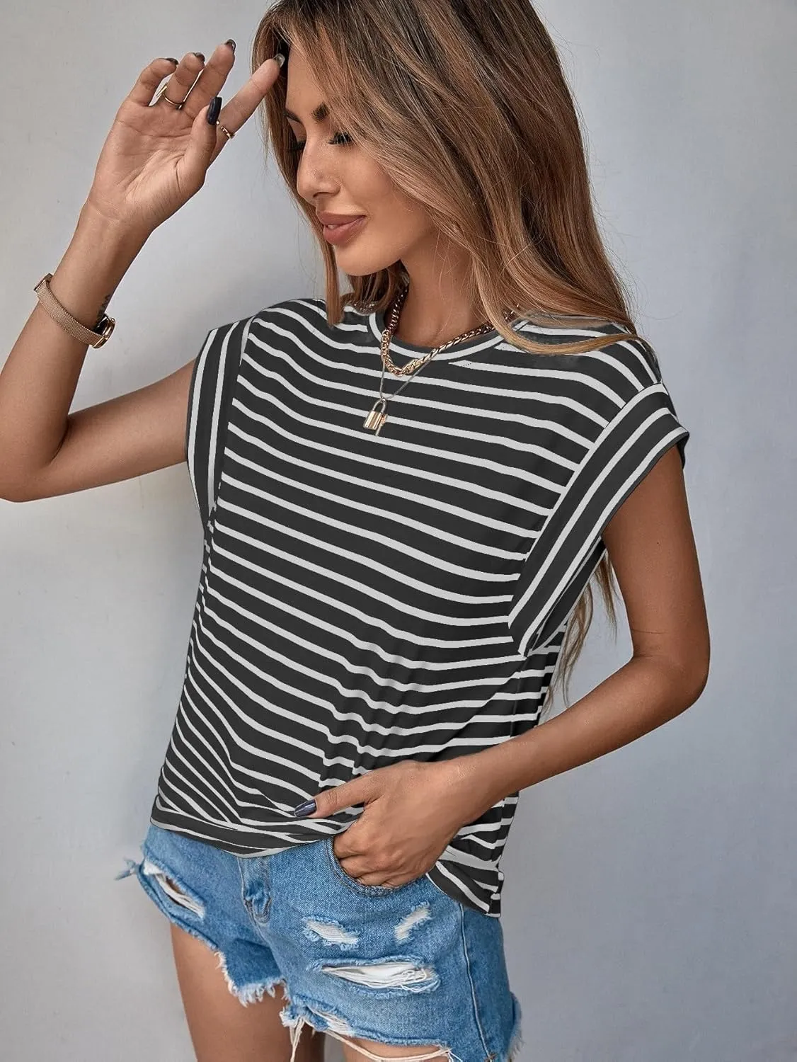 Floerns Women's Casual Stripe Print Cap Sleeve T Shirts Round Neck Tee