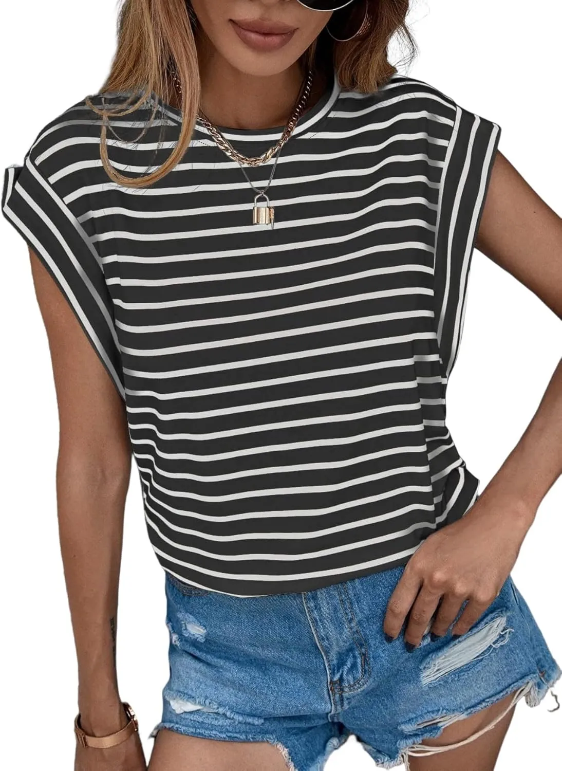 Floerns Women's Casual Stripe Print Cap Sleeve T Shirts Round Neck Tee