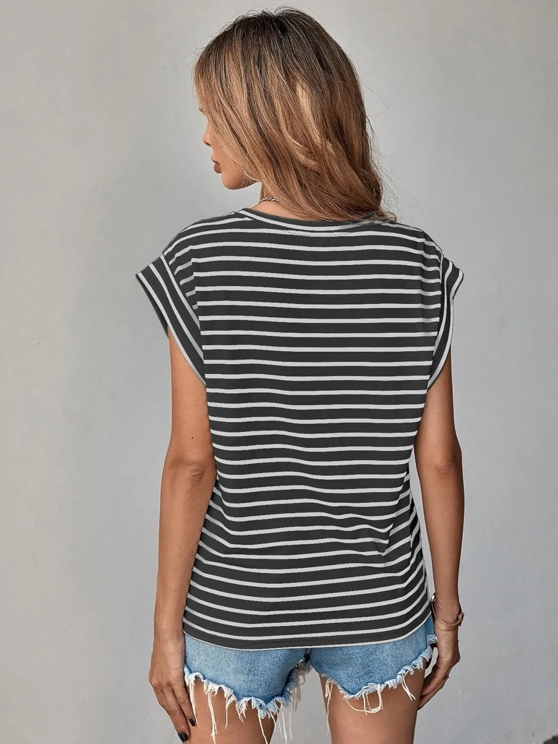 Floerns Women's Casual Stripe Print Cap Sleeve T Shirts Round Neck Tee