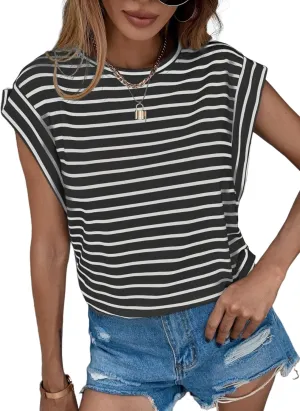 Floerns Women's Casual Stripe Print Cap Sleeve T Shirts Round Neck Tee