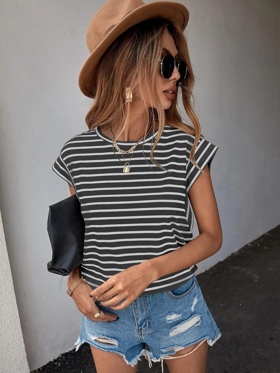 Floerns Women's Casual Stripe Print Cap Sleeve T Shirts Round Neck Tee