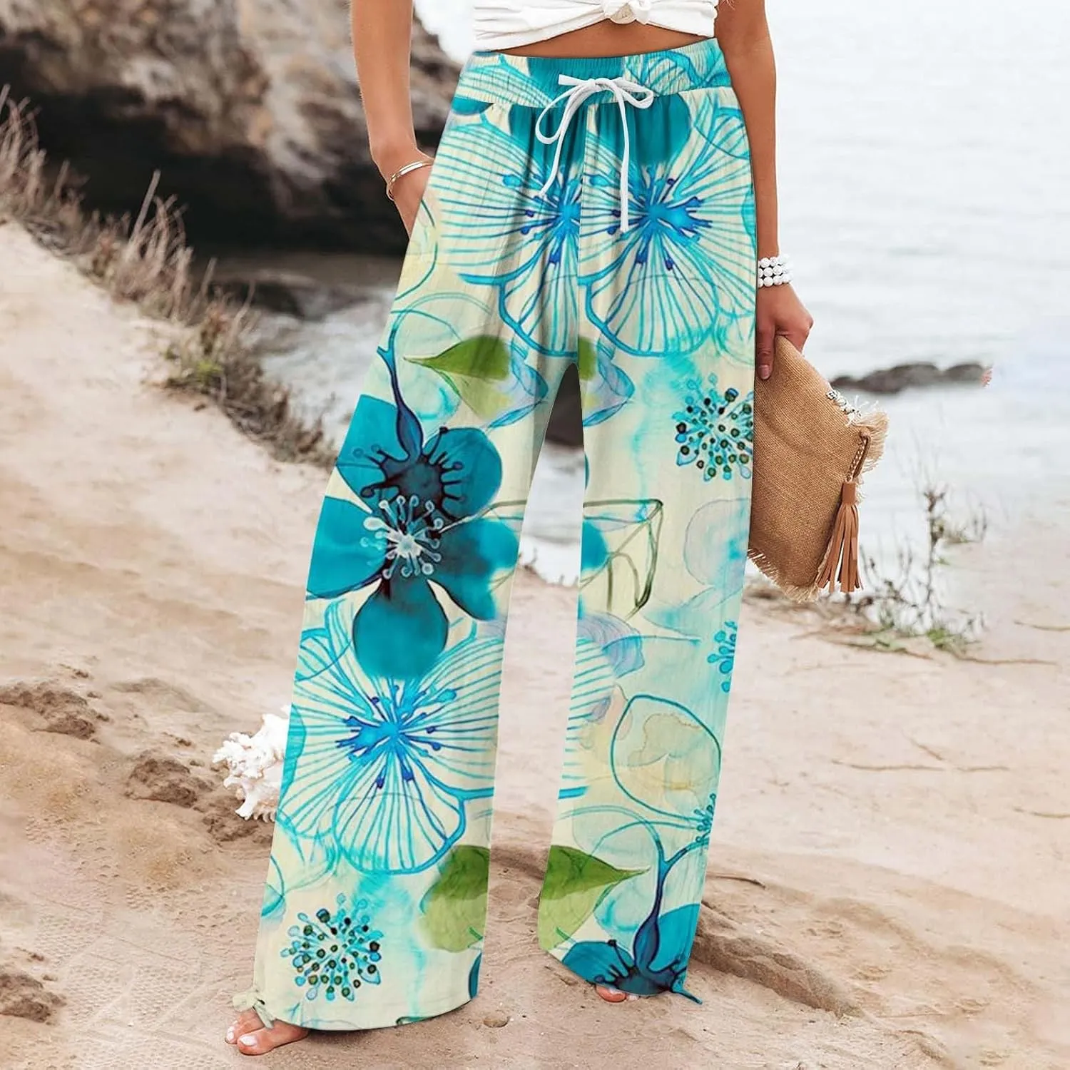 Flower Pants for Women Boho Floral Print Cotton Linen Pants Elastic Waisted Drawstring Summer Beach Baggy Trousers