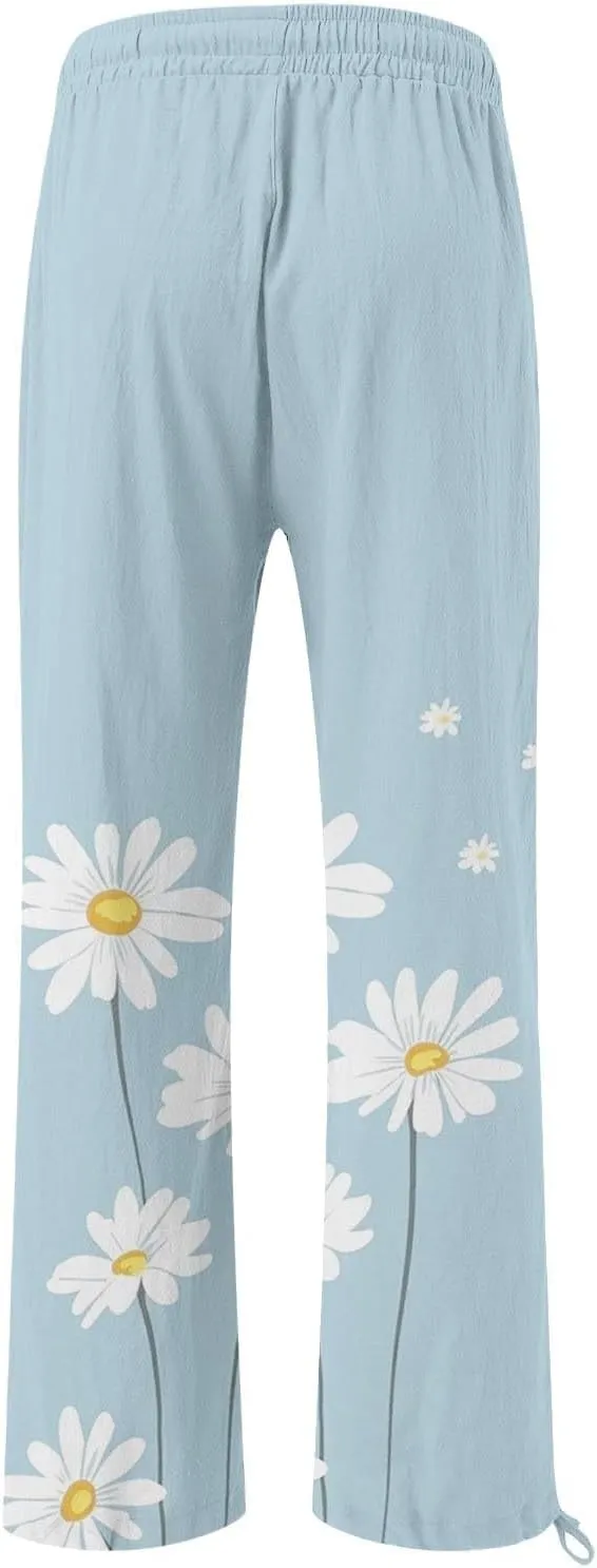 Flower Pants for Women Boho Floral Print Cotton Linen Pants Elastic Waisted Drawstring Summer Beach Baggy Trousers