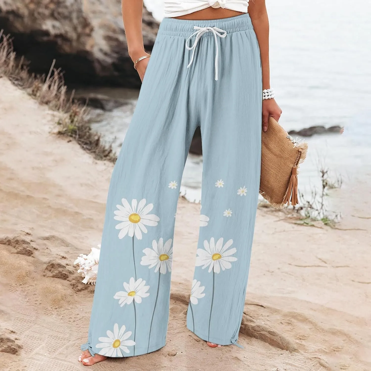 Flower Pants for Women Boho Floral Print Cotton Linen Pants Elastic Waisted Drawstring Summer Beach Baggy Trousers
