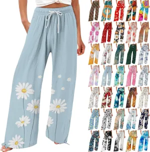 Flower Pants for Women Boho Floral Print Cotton Linen Pants Elastic Waisted Drawstring Summer Beach Baggy Trousers
