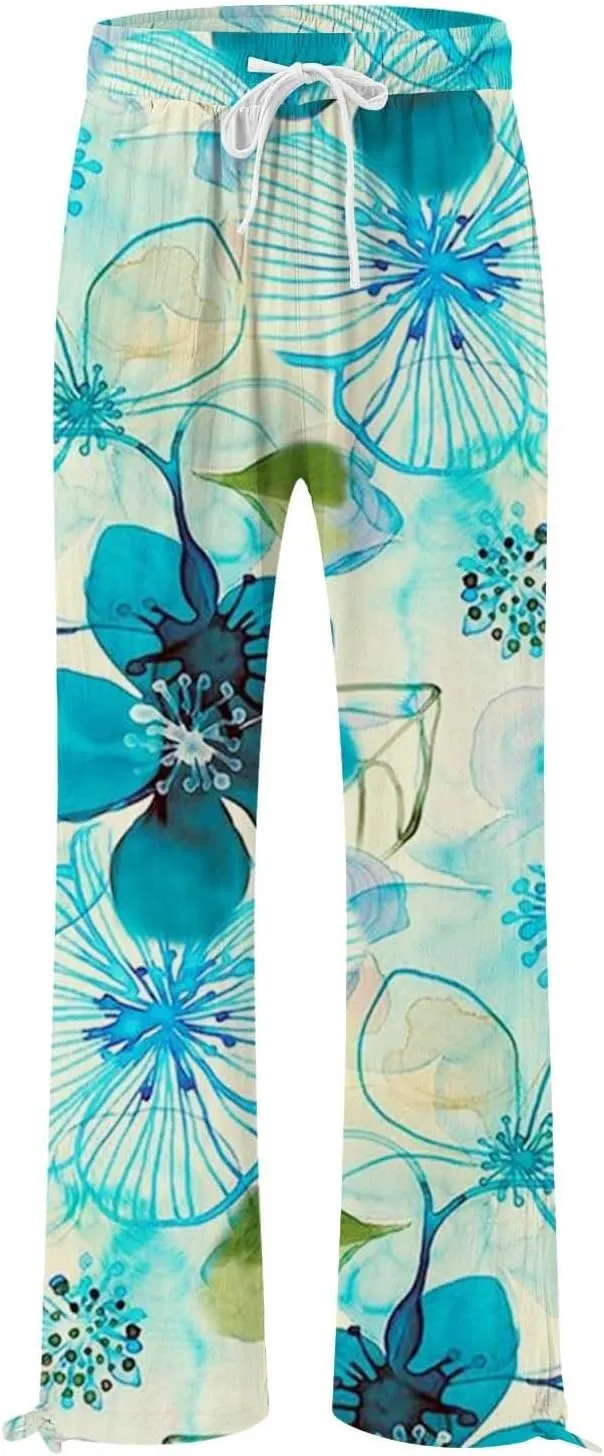 Flower Pants for Women Boho Floral Print Cotton Linen Pants Elastic Waisted Drawstring Summer Beach Baggy Trousers