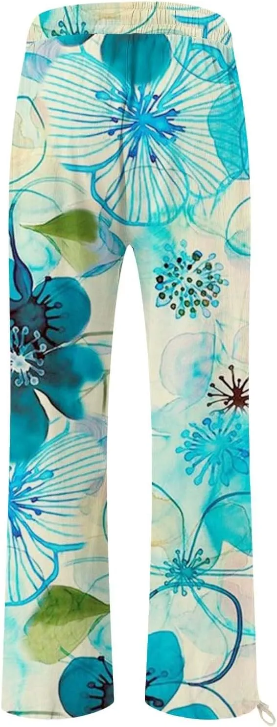 Flower Pants for Women Boho Floral Print Cotton Linen Pants Elastic Waisted Drawstring Summer Beach Baggy Trousers
