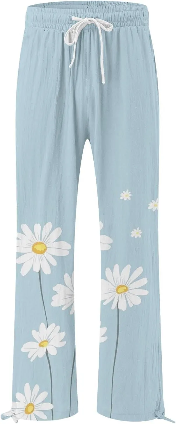 Flower Pants for Women Boho Floral Print Cotton Linen Pants Elastic Waisted Drawstring Summer Beach Baggy Trousers