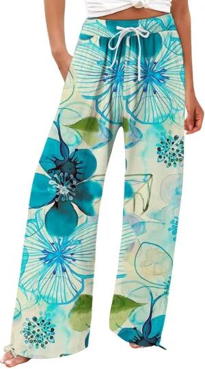 Flower Pants for Women Boho Floral Print Cotton Linen Pants Elastic Waisted Drawstring Summer Beach Baggy Trousers