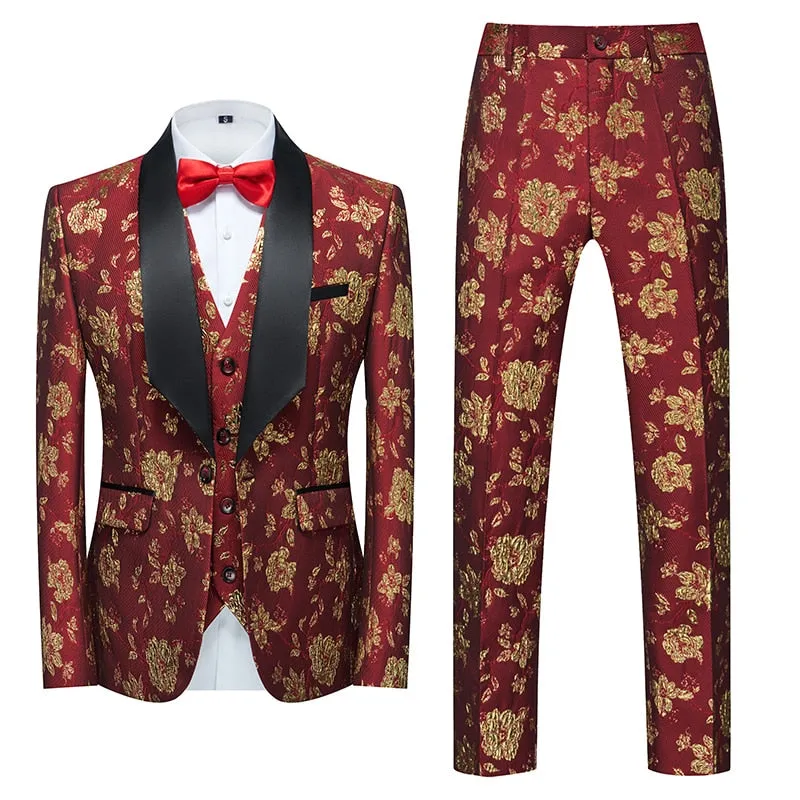Flower Pattern Suits 3 Pcs Set Dress Blazers Jacket Pants Vest Coat
