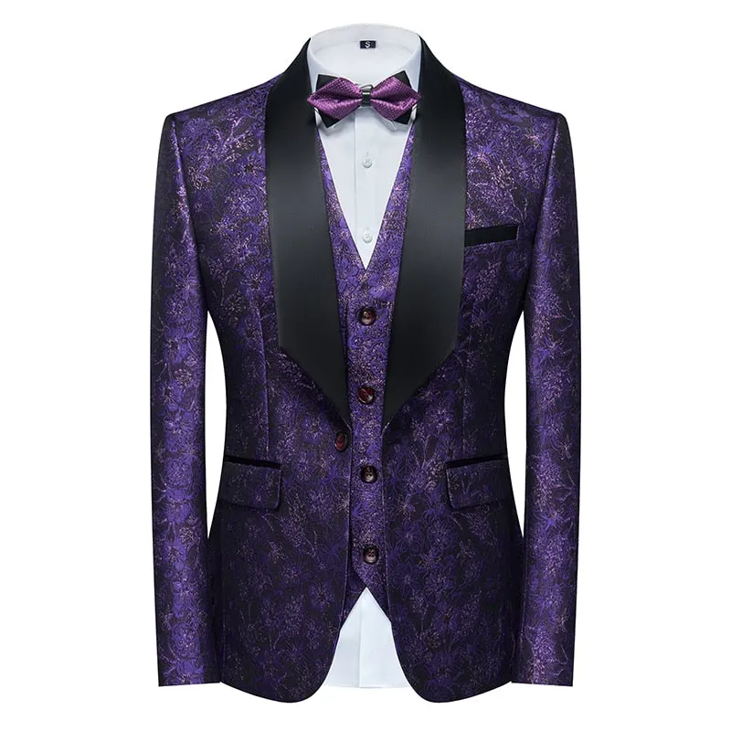 Flower Pattern Suits 3 Pcs Set Dress Blazers Jacket Pants Vest Coat
