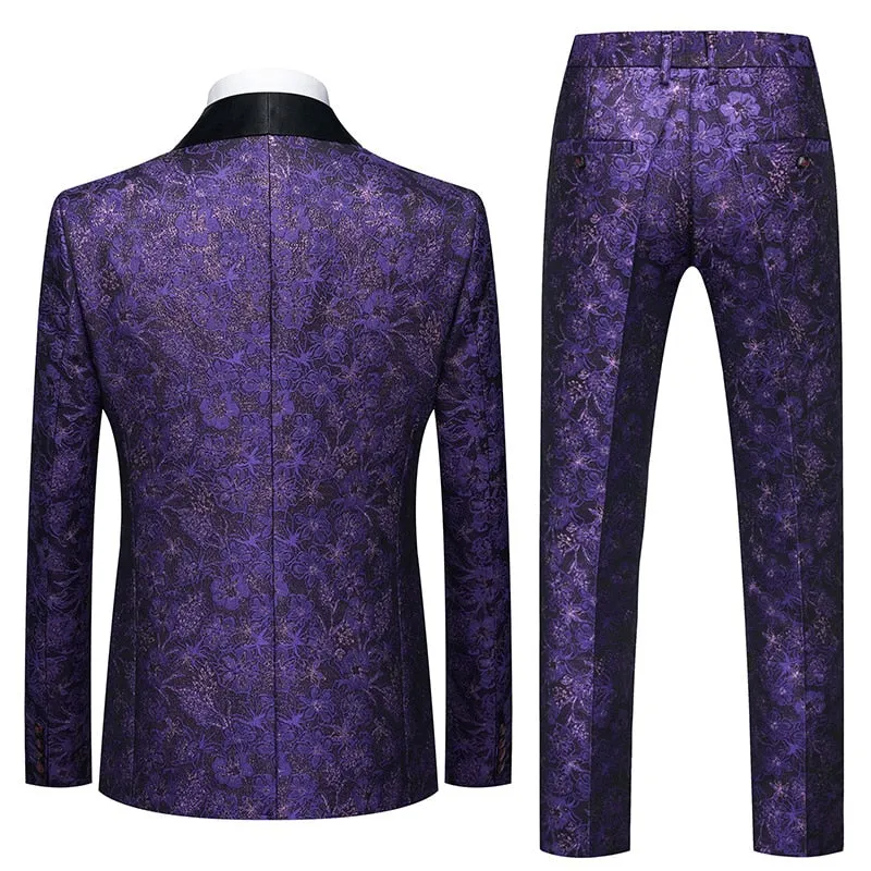 Flower Pattern Suits 3 Pcs Set Dress Blazers Jacket Pants Vest Coat