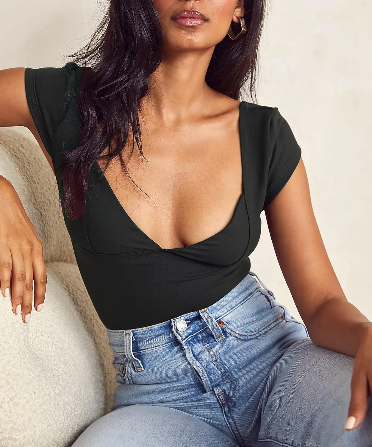 ForeFair Women Sexy Deep V Neck Backless Tank Top Slim Fit Summer Casual Y2k Crop Short Sleeve Top