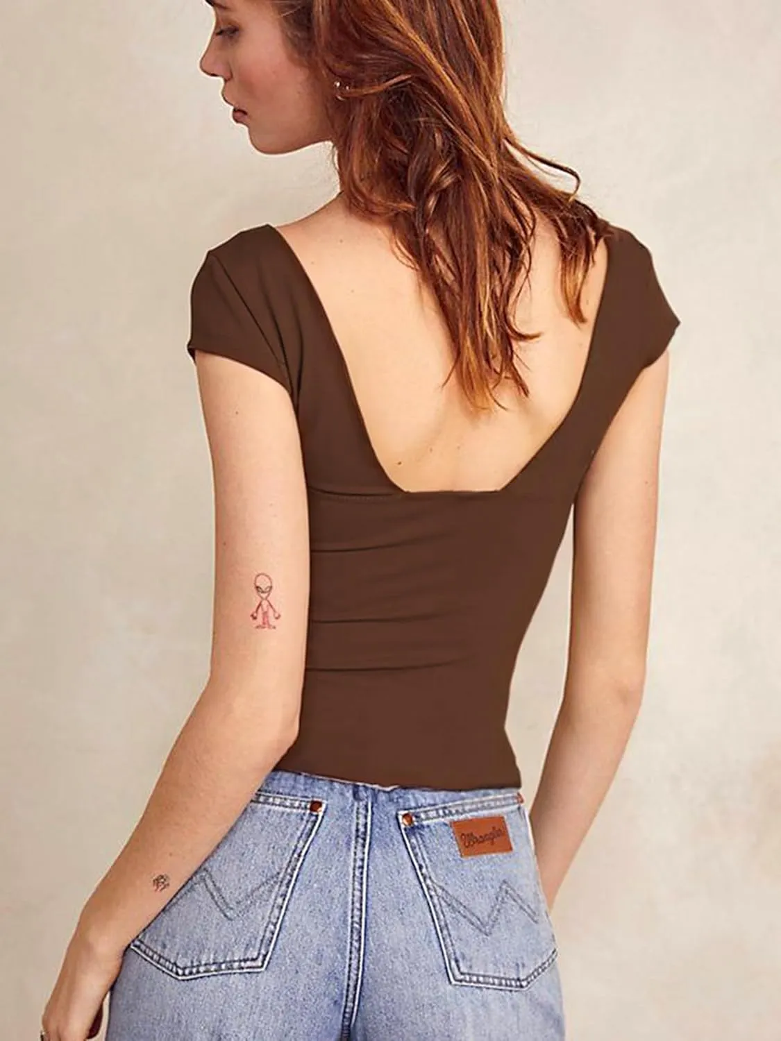 ForeFair Women Sexy Deep V Neck Backless Tank Top Slim Fit Summer Casual Y2k Crop Short Sleeve Top
