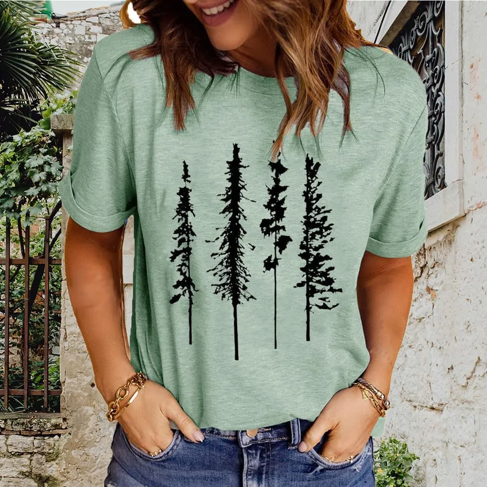 Funny Graphic Women Skinny Pine Tree Shirt Summer Hiking Camping Athletic Tees Nature Casual Comfy Clothes