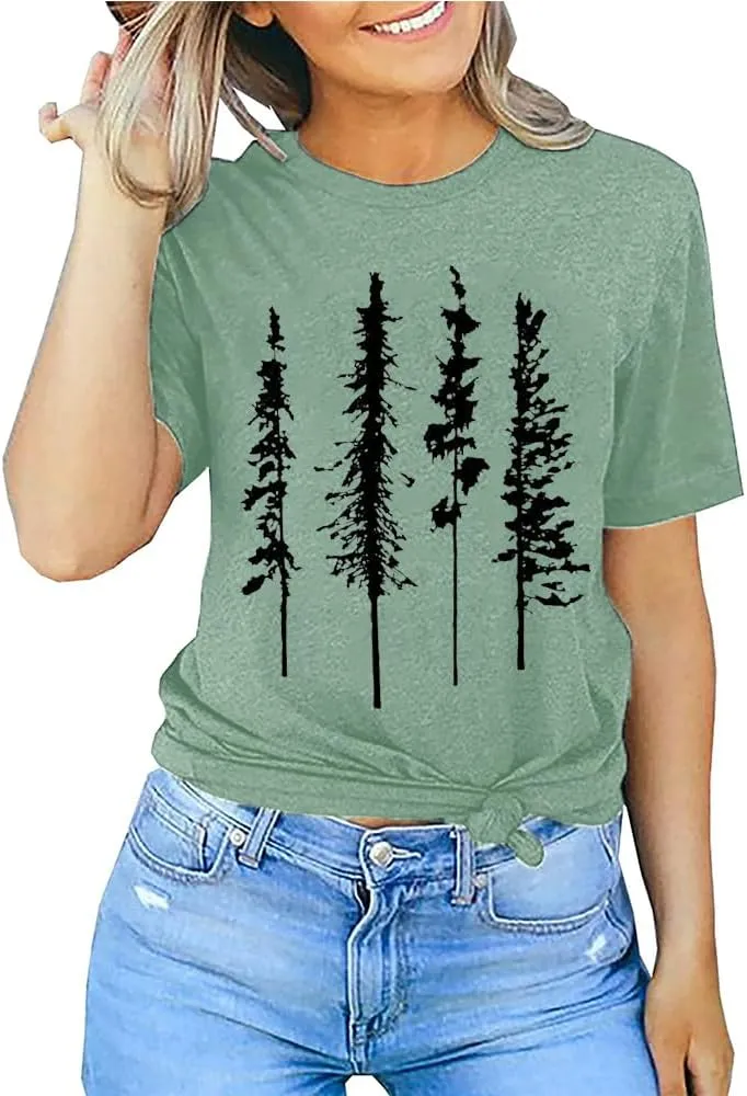 Funny Graphic Women Skinny Pine Tree Shirt Summer Hiking Camping Athletic Tees Nature Casual Comfy Clothes