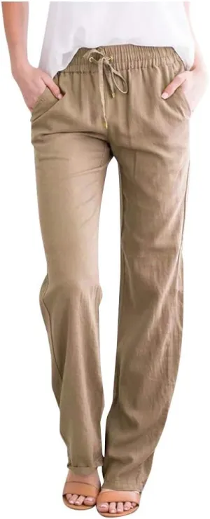 FZVYD Cotton Linen Women's Casual Pants Wide Leg Elastic Drawstring Low Waist Loose Comfy Baggy Long Trousers with Pockets