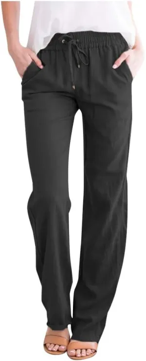 FZVYD Cotton Linen Women's Casual Pants Wide Leg Elastic Drawstring Low Waist Loose Comfy Baggy Long Trousers with Pockets