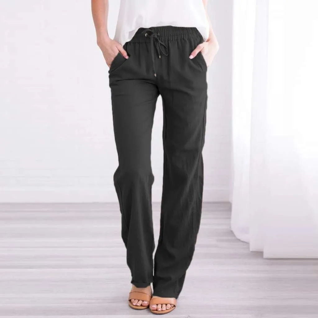 FZVYD Cotton Linen Women's Casual Pants Wide Leg Elastic Drawstring Low Waist Loose Comfy Baggy Long Trousers with Pockets