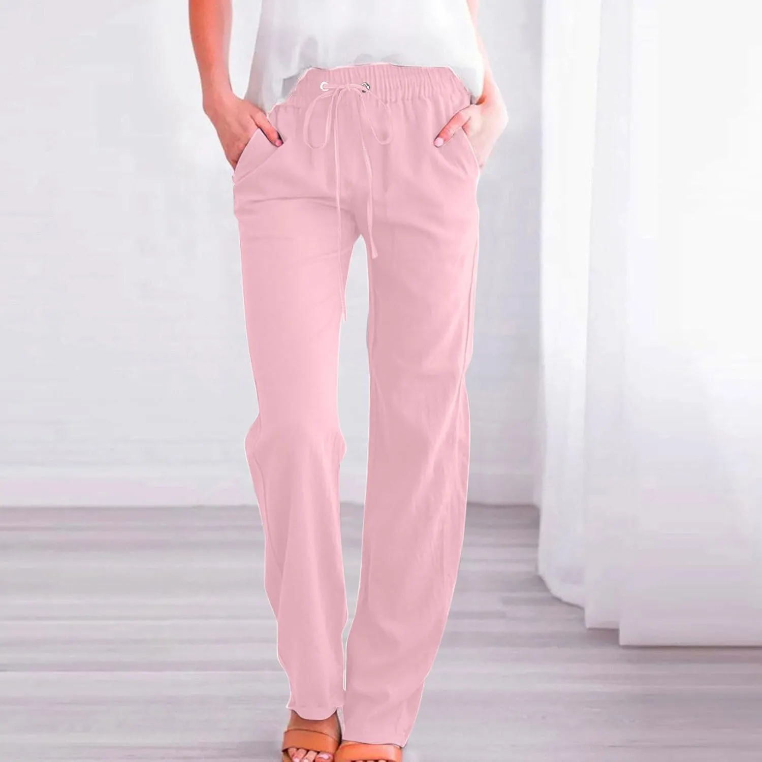FZYLQY Womens Cotton Linen Pants Casual Drawstring Elastic High Waist Straight Leg Pants Loose Comfy Trousers with Pockets