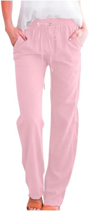 FZYLQY Womens Cotton Linen Pants Casual Drawstring Elastic High Waist Straight Leg Pants Loose Comfy Trousers with Pockets