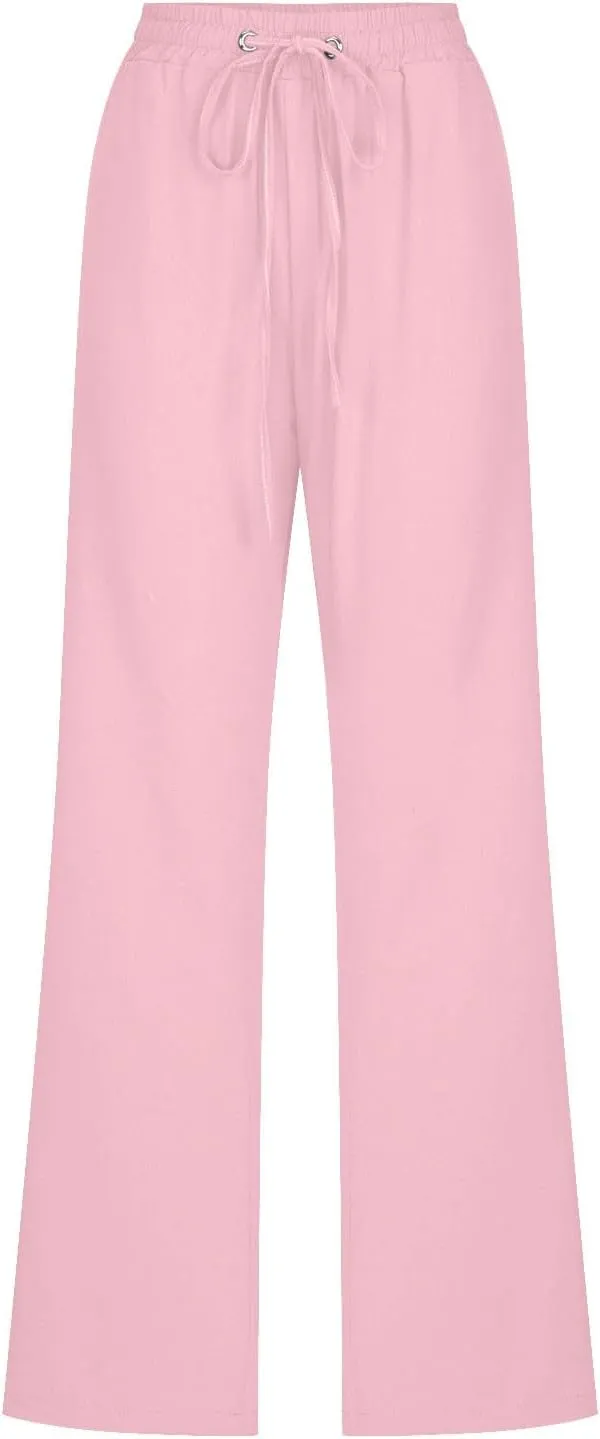FZYLQY Womens Cotton Linen Pants Casual Drawstring Elastic High Waist Straight Leg Pants Loose Comfy Trousers with Pockets