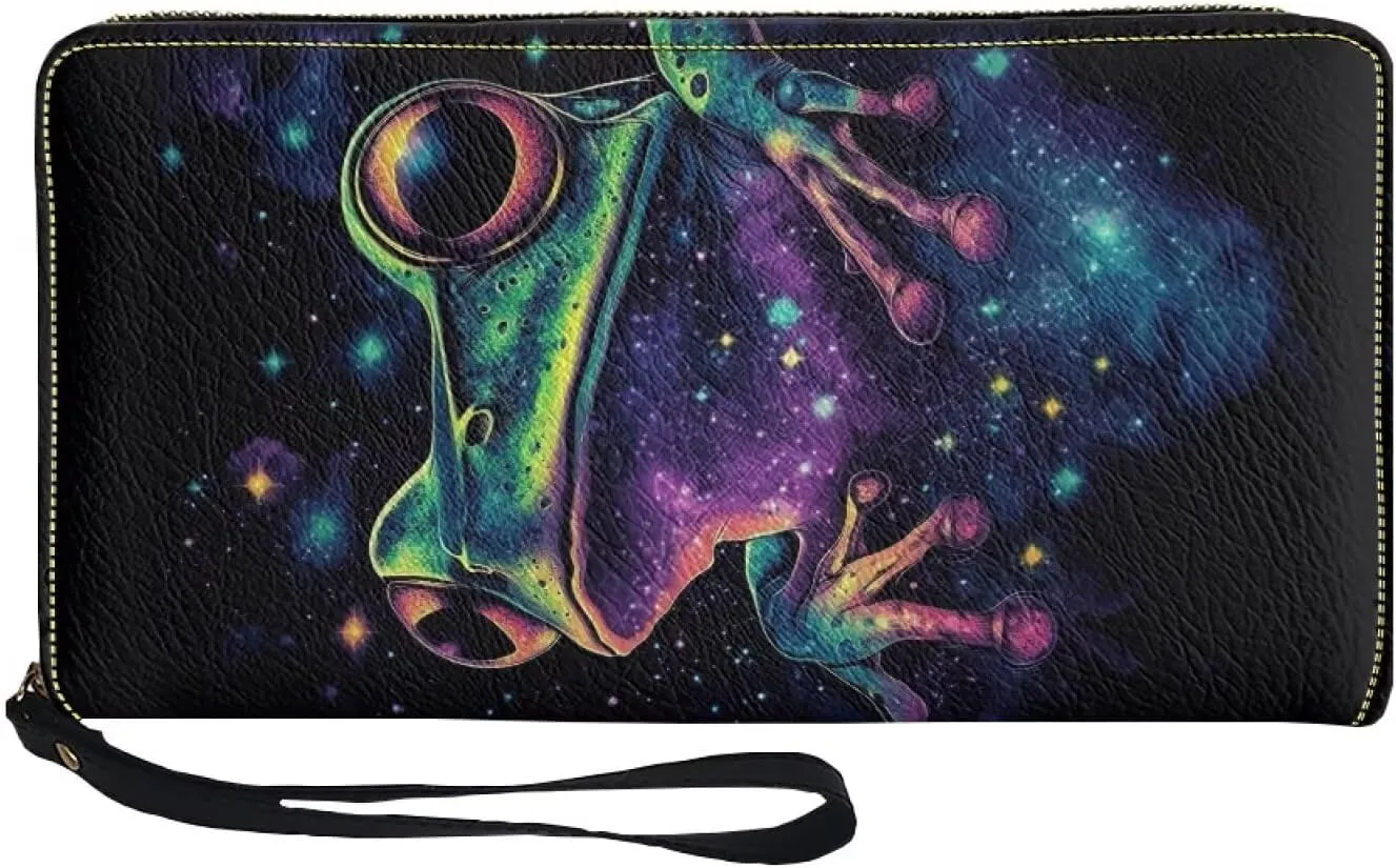 Galaxy Frog Wallet for Women Leather RFID Blocking Design Zip Around Card Holder Organizer Ladies Travel Clutch Wristlet
