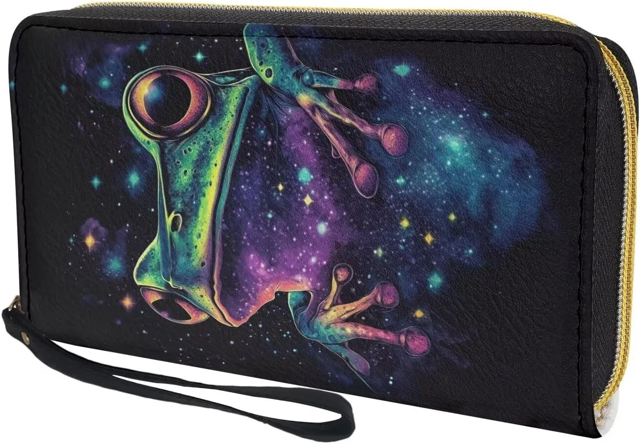 Galaxy Frog Wallet for Women Leather RFID Blocking Design Zip Around Card Holder Organizer Ladies Travel Clutch Wristlet