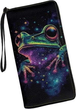 Galaxy Frog Wallet for Women Leather RFID Blocking Design Zip Around Card Holder Organizer Ladies Travel Clutch Wristlet