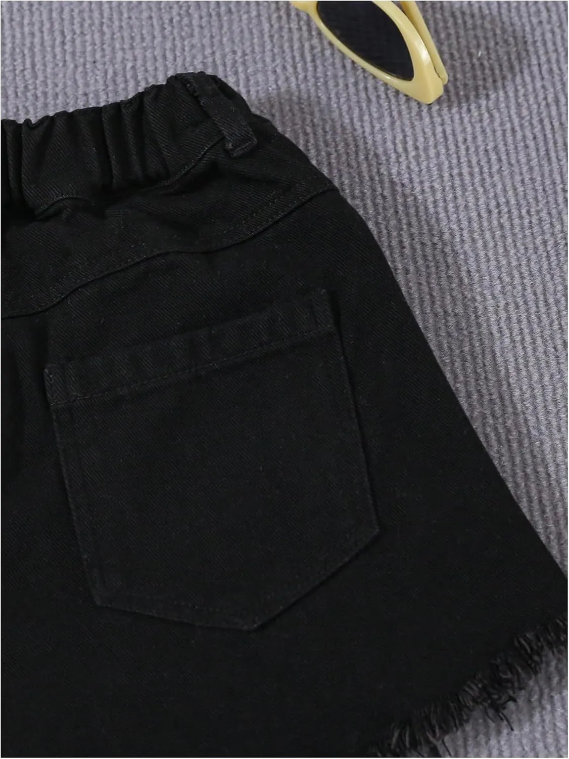 Girl's Ripped Raw Hem Straight Leg Jean Shorts Elastic Waist Zipper Fly Denim Shorts