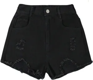 Girl's Ripped Raw Hem Straight Leg Jean Shorts Elastic Waist Zipper Fly Denim Shorts