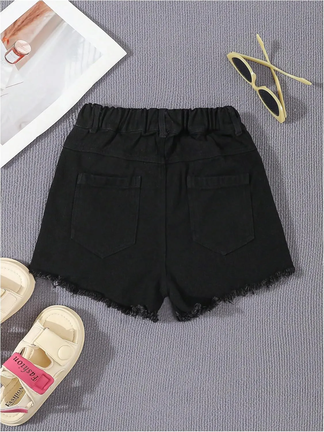 Girl's Ripped Raw Hem Straight Leg Jean Shorts Elastic Waist Zipper Fly Denim Shorts