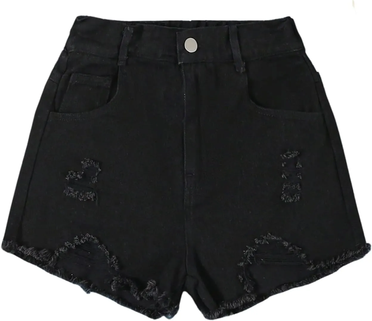 Girl's Ripped Raw Hem Straight Leg Jean Shorts Elastic Waist Zipper Fly Denim Shorts