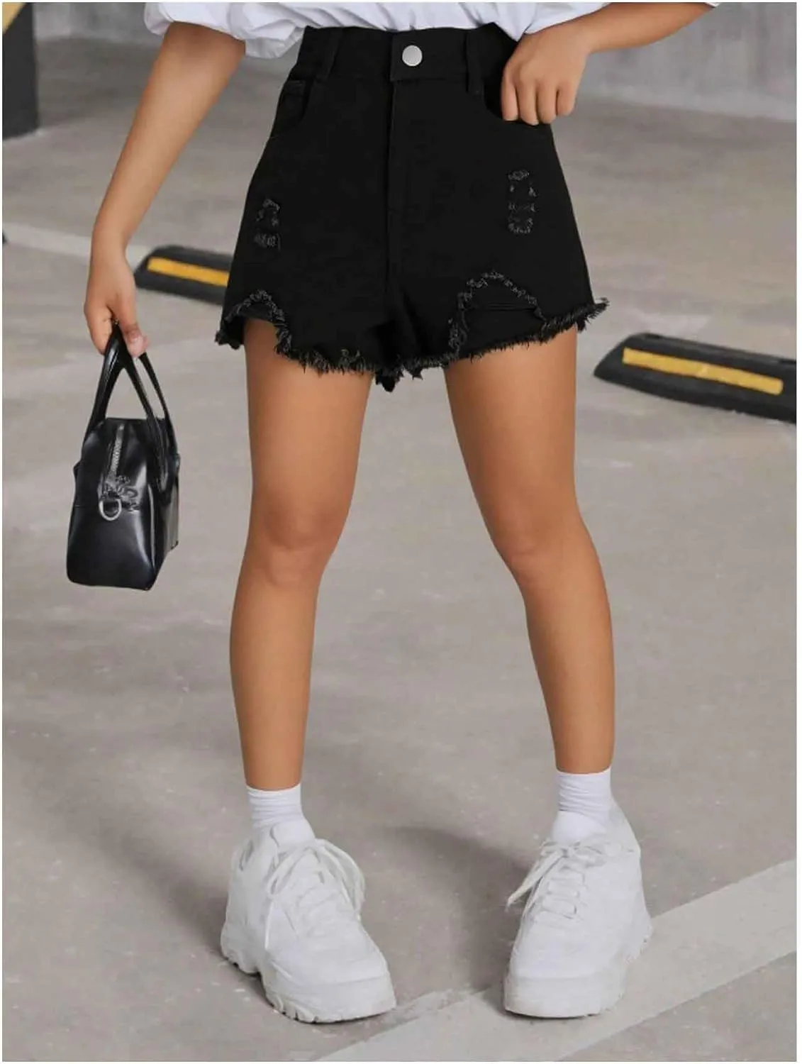 Girl's Ripped Raw Hem Straight Leg Jean Shorts Elastic Waist Zipper Fly Denim Shorts