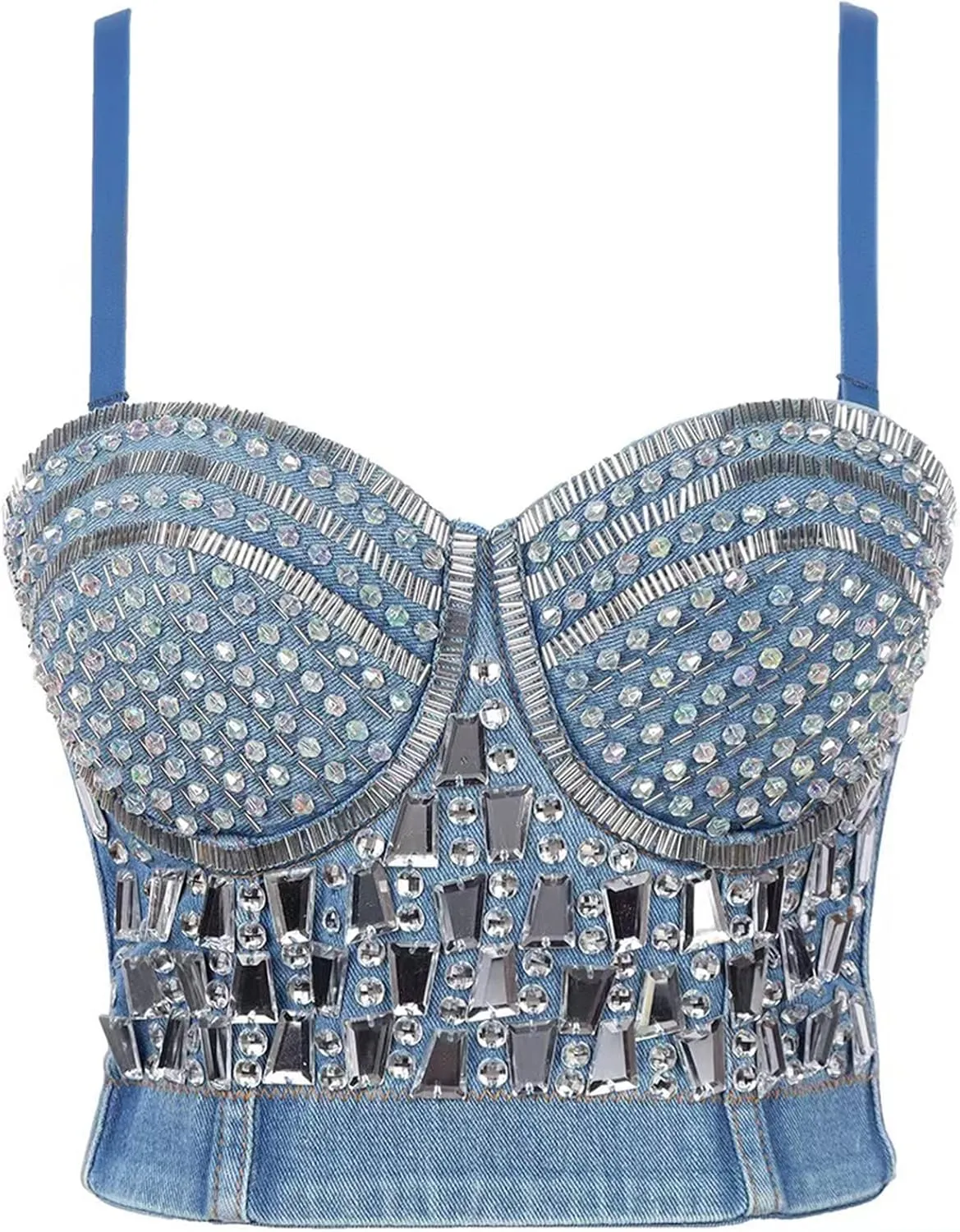 GOOHO Women's Bustier Crop Top Mesh Corset Top Push up Rhinestone Diamond Bra Club Party Vest