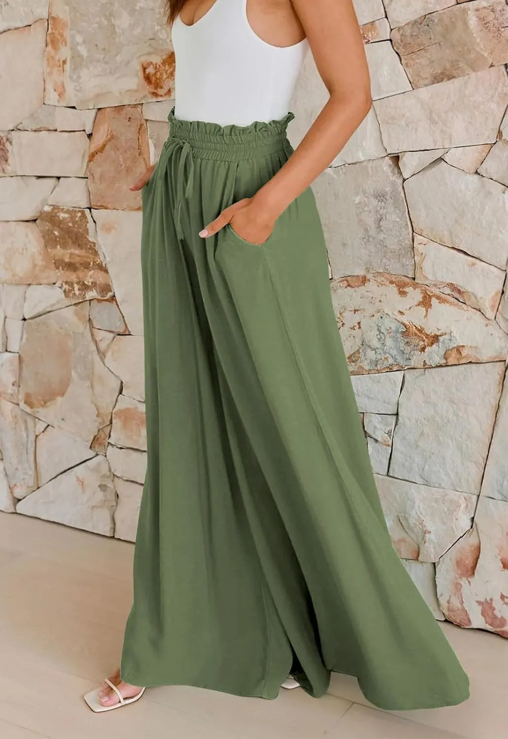 GUOLEZEEV Women Wide Leg Pants High Waisted Beach Pants Long Culottes Trendy Flowy Pants with Pockets
