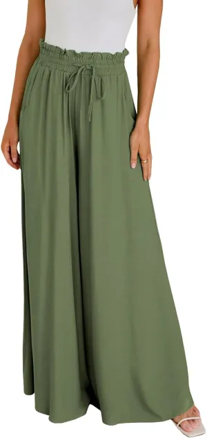 GUOLEZEEV Women Wide Leg Pants High Waisted Beach Pants Long Culottes Trendy Flowy Pants with Pockets