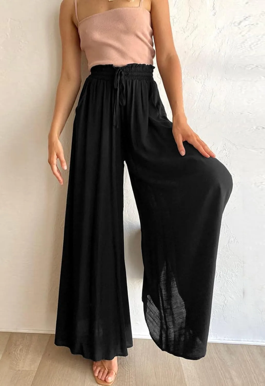 GUOLEZEEV Women Wide Leg Pants High Waisted Beach Pants Long Culottes Trendy Flowy Pants with Pockets