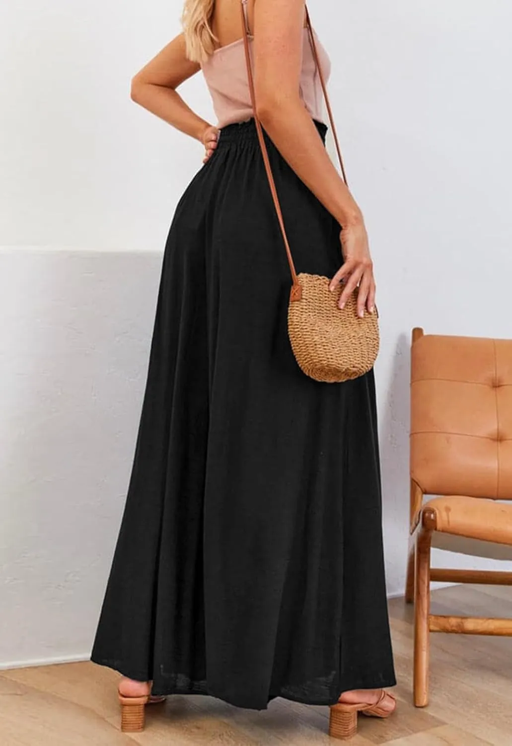 GUOLEZEEV Women Wide Leg Pants High Waisted Beach Pants Long Culottes Trendy Flowy Pants with Pockets