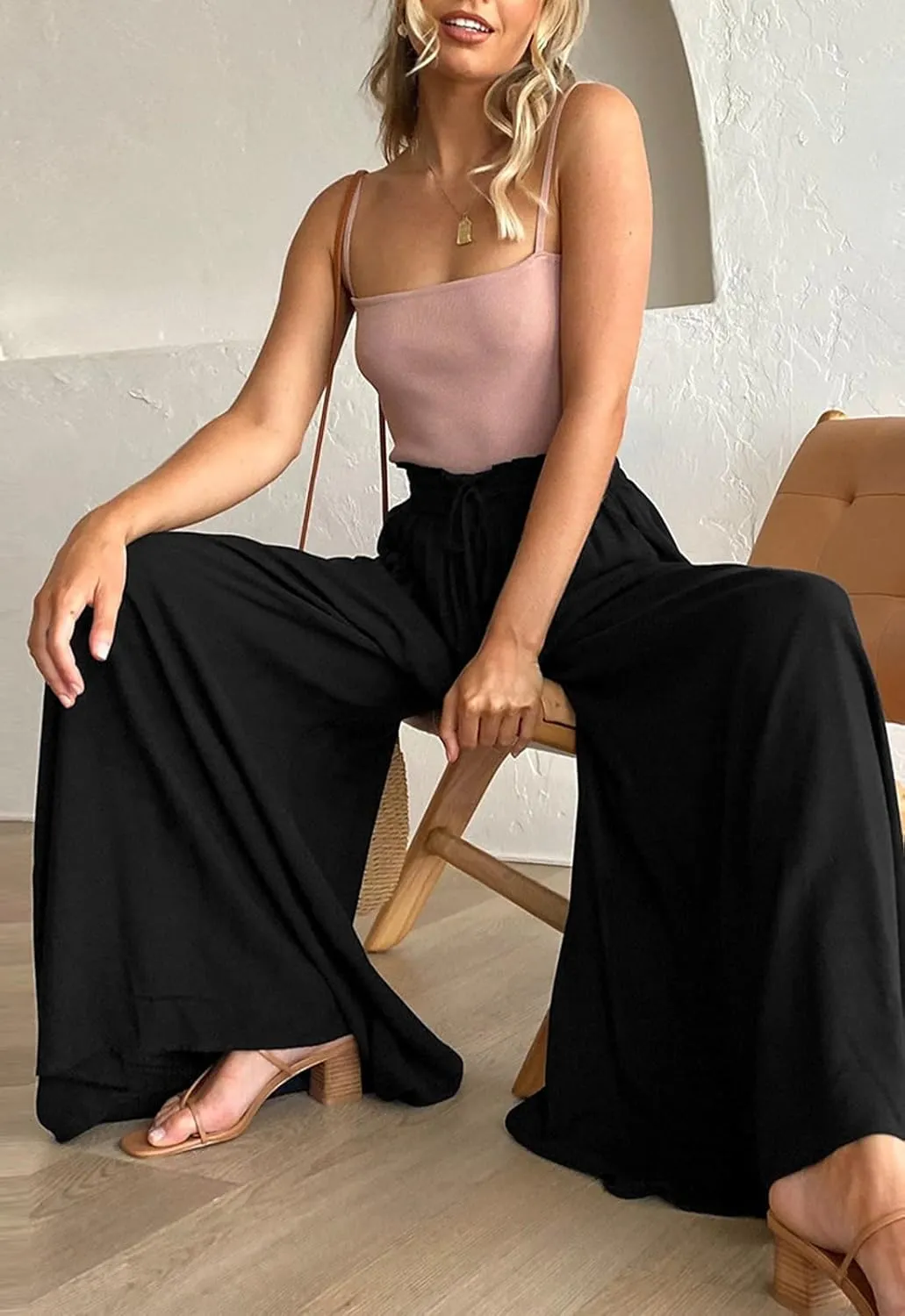 GUOLEZEEV Women Wide Leg Pants High Waisted Beach Pants Long Culottes Trendy Flowy Pants with Pockets